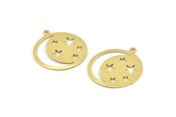 Moon And Star, 8 Raw Brass Moon And Star Charms With 1 Loop Findings (25x0.80mm) M480
