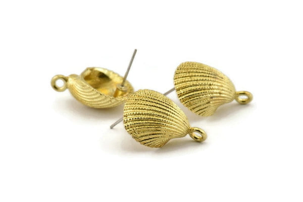 Brass Shell Earring, 2 Raw Brass Sea Shell Stud Earrings With 1 Loop, Findings (22x16mm) N0943