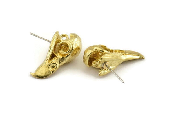 Brass Bird Earring, 2 Raw Brass Bird Skull Stud Earrings (25x11.5x7mm) N0957
