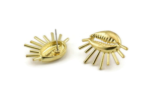 Brass Shell Earring, 2 Raw Brass Cowrie Shell Stud Earrings, Findings (26x20mm) N1007