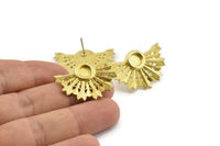 Brass Badge Earring, 2 Raw Brass Rosette Stud Earrings - Pad Size 6mm (32x22mm) N0776
