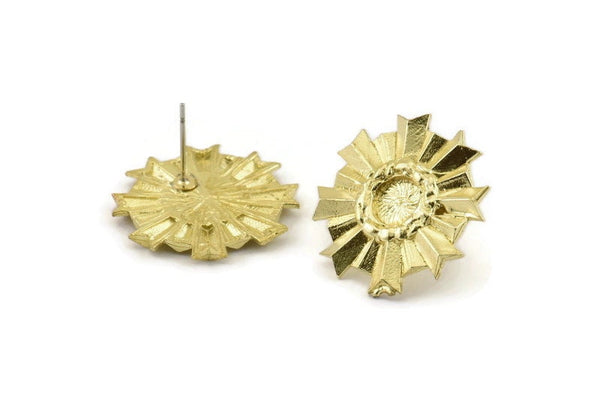 Brass Sun Earring, 2 Raw Brass Sunshine Stud Earrings with 6mm Stone pad (23mm) N0851