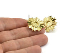 Brass Sun Earring, 2 Raw Brass Sunshine Stud Earrings with 6mm Stone pad (23mm) N0851