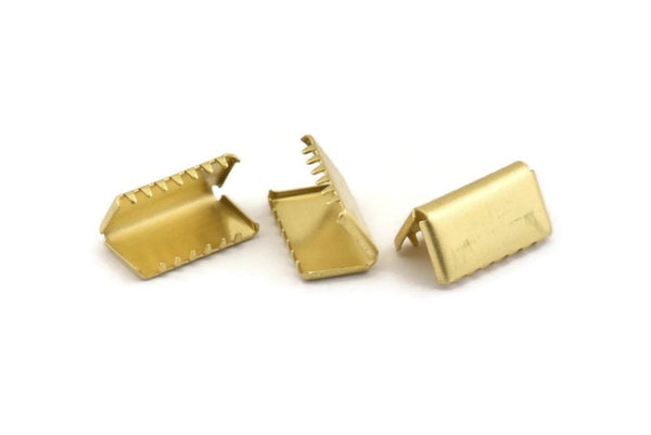Brass Ribbon Crimp, 12 Raw Brass Ribbon Crimp Ends, Findings (15mm) D0088