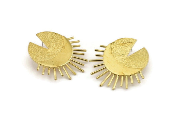 Brass Sun Earring, 2 Raw Brass Crescent Moon Stud Earrings (44x45x1mm) N1028