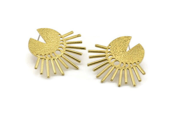 Brass Sun Earring, 2 Raw Brass Moon Phases Stud Earrings (34x1mm) N1036