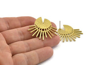 Brass Sun Earring, 2 Raw Brass Moon Phases Stud Earrings (34x1mm) N1036