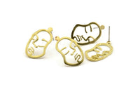 Brass Face Earring, 10 Raw Brass Face Stud Earrings (21x13x1mm) N1107