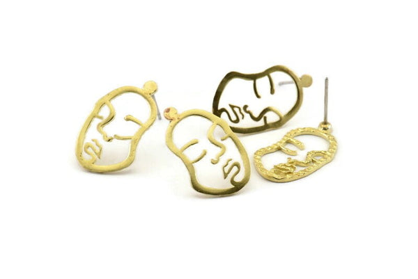 Brass Face Earring, 10 Raw Brass Face Stud Earrings (21x13x1mm) N1107