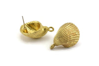 Brass Shell Earring, 2 Raw Brass Sea Shell Stud Earrings With 1 Loop, Findings (27x19mm) N0913
