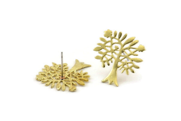 Brass Tree Earring, 6 Raw Brass Tree Stud Earrings (21x0.85mm) N1133
