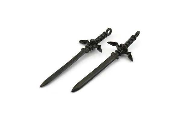 Zelda Sword Charm, 4 Oxidized Black Brass Sword Charms With 1 Loop (49x15mm) N0800 S568
