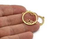 Brass Flower Charm, 4 Raw Brass  Lotus Flower Connectors With 2 Loops, Pendants, Findings (28x22x1.5mm) N1377
