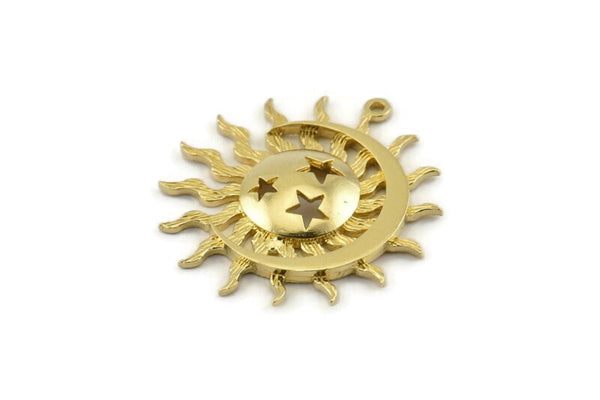 Moon and Sun, 2 Raw Brass, Brass Moon, Brass Sun, Charm Pendant, Brass Pendant, Brass Charm With 1 Loop (32x30mm) N1374
