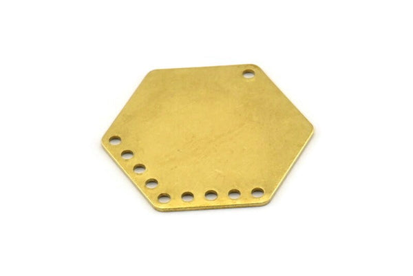 Brass Hexagon Charm, 6 Raw Brass Hexagon Charms With 10 Holes, Connectors (34x30x0.80mm) A1639