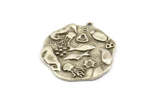 Silver Sea Charm, Antique Silver Plated Brass Sea Creatures Charm With 1 Loop, Pendants, Earrings, Findings (30x28mm) N1103