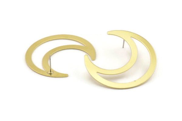 Brass Moon Earring, 4 Raw Brass Crescent Moon Stud Earrings (42x16x0.80mm) M175 A1634