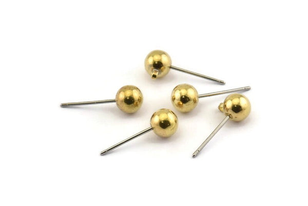 Brass Earring Posts, 24 Raw Brass Ball Pad and 6mm Hole Hook BS 1731