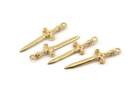 Knight&#39;s Sword Pendant, 3 Gold Plated Brass Sword Charms (36x10mm) N0248 Q0504