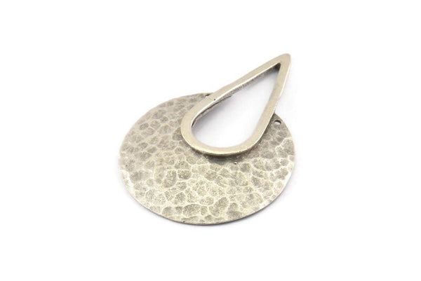 Silver Drop Charm, 2 Hammered Antique Silver Plated Brass Drop Pendant With 2 Holes (41x28x0.6mm) U079 H1387