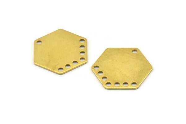 Brass Hexagon Charm, 12 Raw Brass Hexagon Charms With 8 Holes, Connectors (23x20x0.80mm) A1640
