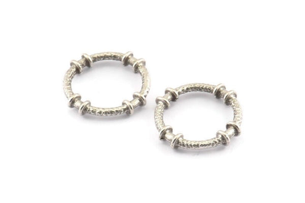 Silver Circle Connectors, 3 Textured Antique Silver Plated Brass Circle Connectors (20x4x2mm) U096