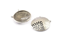 Silver Gong Pendant, 2 Textured Antique Silver Plated Brass Gong Charms With 2 Loops (33x6x1mm) U082