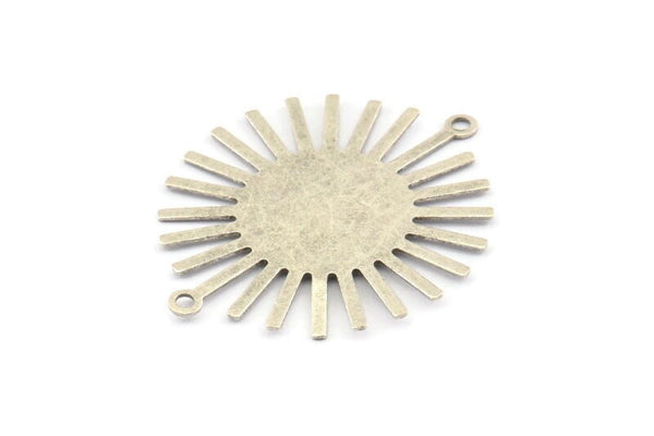 Silver Sun Charm, 6 Antique Silver Plated Brass Sunshine Pendants With 2 Loops, Connectors, Findings (36x30x0.50mm) A1518 H0581