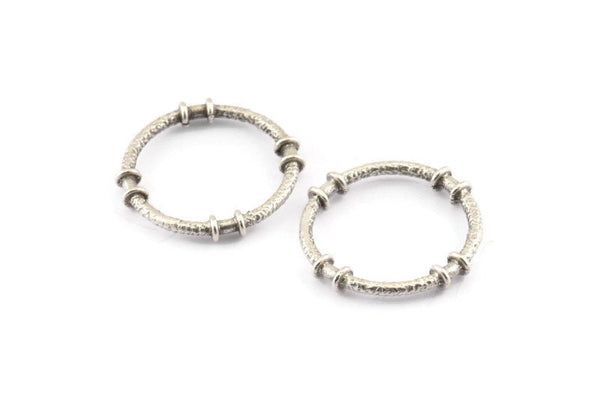 Silver Circle Connectors, 4 Textured Antique Silver Plated Brass Circle Connectors (26x4x2mm) U095