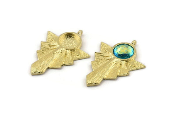 Brass Badge Charm, 2 Raw Brass Rosette Pendants With 1 Loop - Pad Size 10mm (36x27mm) N1483
