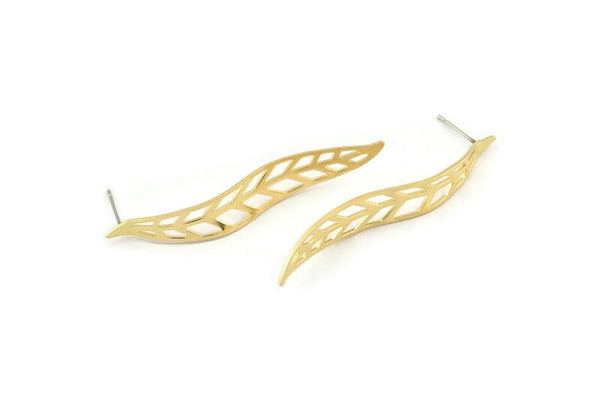 Brass Leaf Earring, 6 Raw Brass Wavy Leaf Stud Earrings (54x9x0.80mm) D1162 A1257