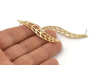 Brass Leaf Earring, 6 Raw Brass Wavy Leaf Stud Earrings (54x9x0.80mm) D1162 A1257