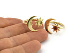 Brass Ring Settings, 10 Raw Brass Moon And Sun Ring With 1 Stone Setting - Pad Size 6mm N1497