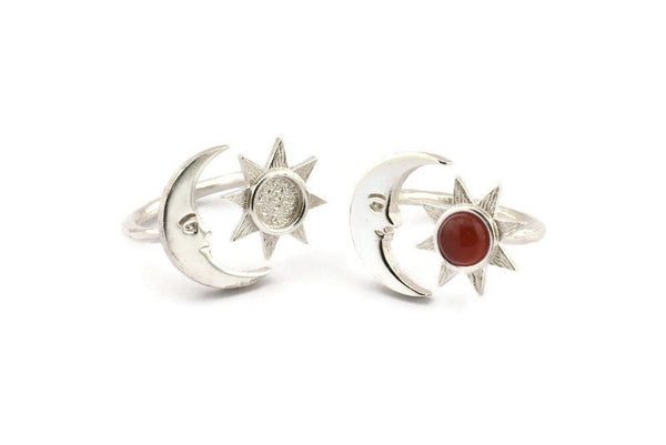 Silver Ring Settings, 925 Silver Moon And Sun Ring With 1 Stone Setting - Pad Size 6mm N1498