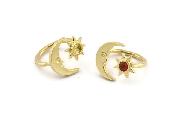 Brass Ring Settings, 2 Raw Brass Moon And Sun Ring With 1 Stone Setting - Pad Size 4mm N1497