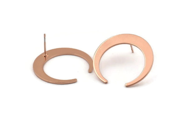 Rose Gold Moon Earring, 2 Rose Gold Plated Brass Crescent Moon Stud Earrings (28.5x27.5x5x1mm) E014 A1281 Q1045