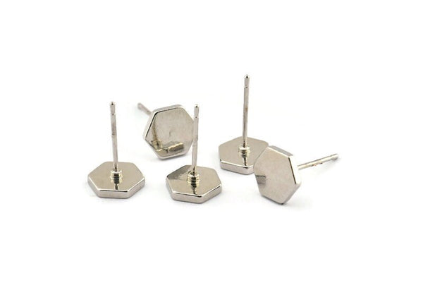 Silver Hexagon Earring, 8 Silver Tone Brass Hexagon Stud Earrings (8mm) D1460
