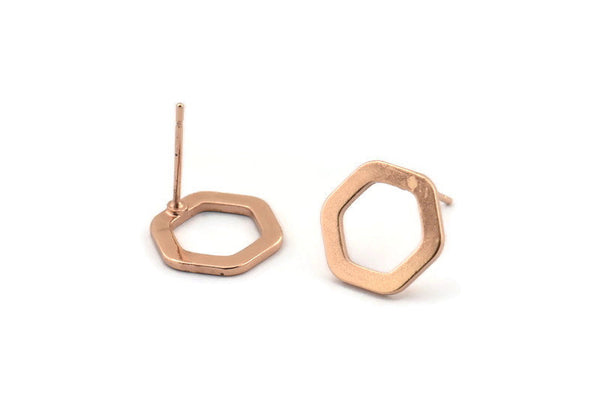 Rose Gold Hexagon Earring, 4 Rose Gold Plated Brass Hexagon Stud Earrings (12x2x1mm) D0056 A1129