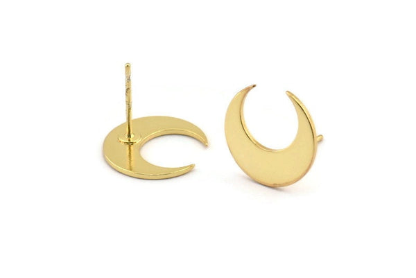 Gold Moon Earring, 4 Gold Brass Crescent Moon Stud Earrings (14x5x0.80mm) D1296 A1319 Q1105