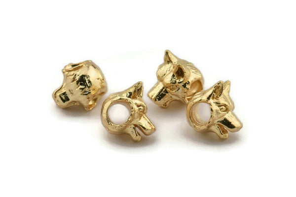 Gold Wolf Beads, 2 Gold Plated Brass Wolf Bracelet Parts (11x10mm) N0377