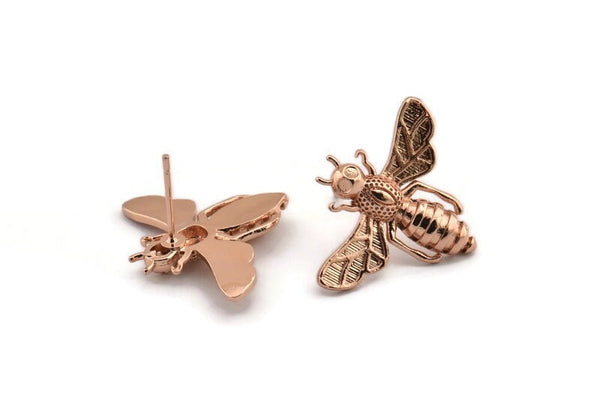 Rose Gold Bee Earring, 2 Rose Gold Plated Brass Bee Stud Earrings (21x24mm) E585 A1188 Q1025