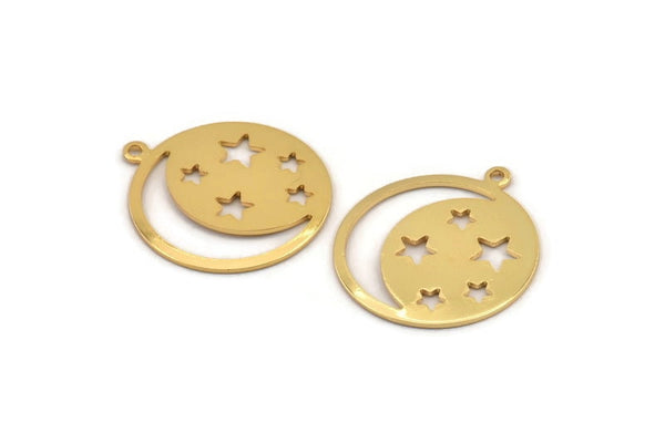 Moon And Star, 2 Gold Plated Brass Moon And Star Charms With 1 Loop Findings (25x0.80mm) M480 H0956