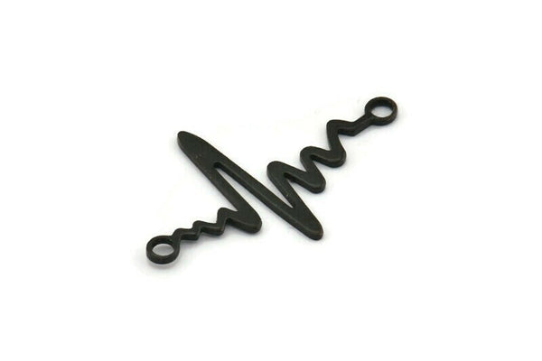 Black Heart Rhythm Connector, 8 Oxidized Black Brass Heart Rhythm Shaped Connectors With 2 Loops (37.5x24x1mm) E067 S1127