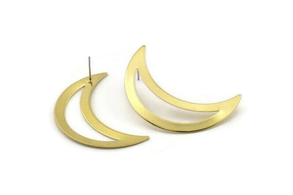 Brass Moon Earring, 6 Raw Brass Crescent Moon Stud Earrings (44x14x0.80mm) A1392 A1836