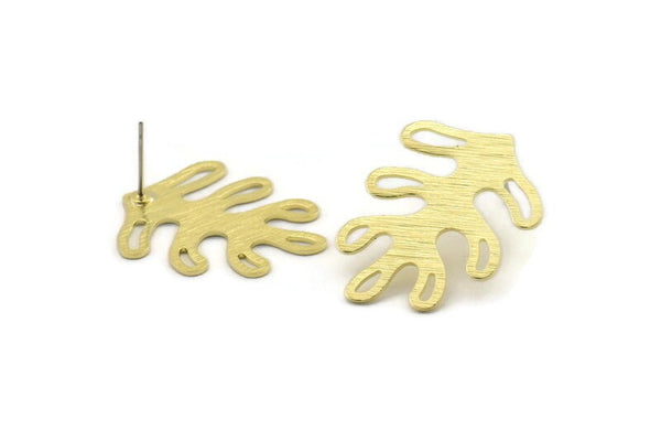 Brass Leaf Earring, 6 Textured Raw Brass Leaf Stud Earrings (32x25x0.80mm) M486 A2187