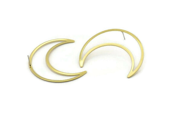 Brass Moon Earring, 4 Raw Brass Crescent Moon Stud Earrings (50x15x1mm) D0598 A2212