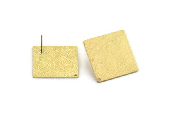 Brass Square Earring, 4 Textured Raw Brass Square Stud Earrings With 1 Hole (25x0.80mm) D0796 A2207