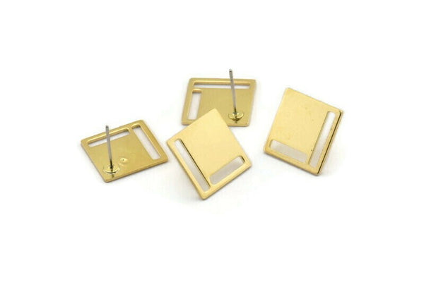 Brass Square Earring, 10 Raw Brass Square Stud Earrings (14x0.80mm) D0830 A2188