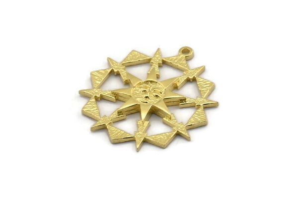 Brass Sun Charm, 2 Raw Brass Sun Charms With 1 Loop, Findings (29x26mm) N1528