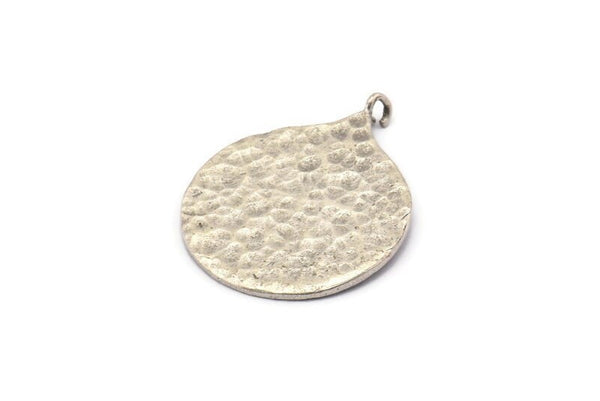 Silver Round Charm, Hammered Antique Silver Plated Brass Circle Pendants With 1 Loop, Findings (38.5x30x1mm) BS 1963